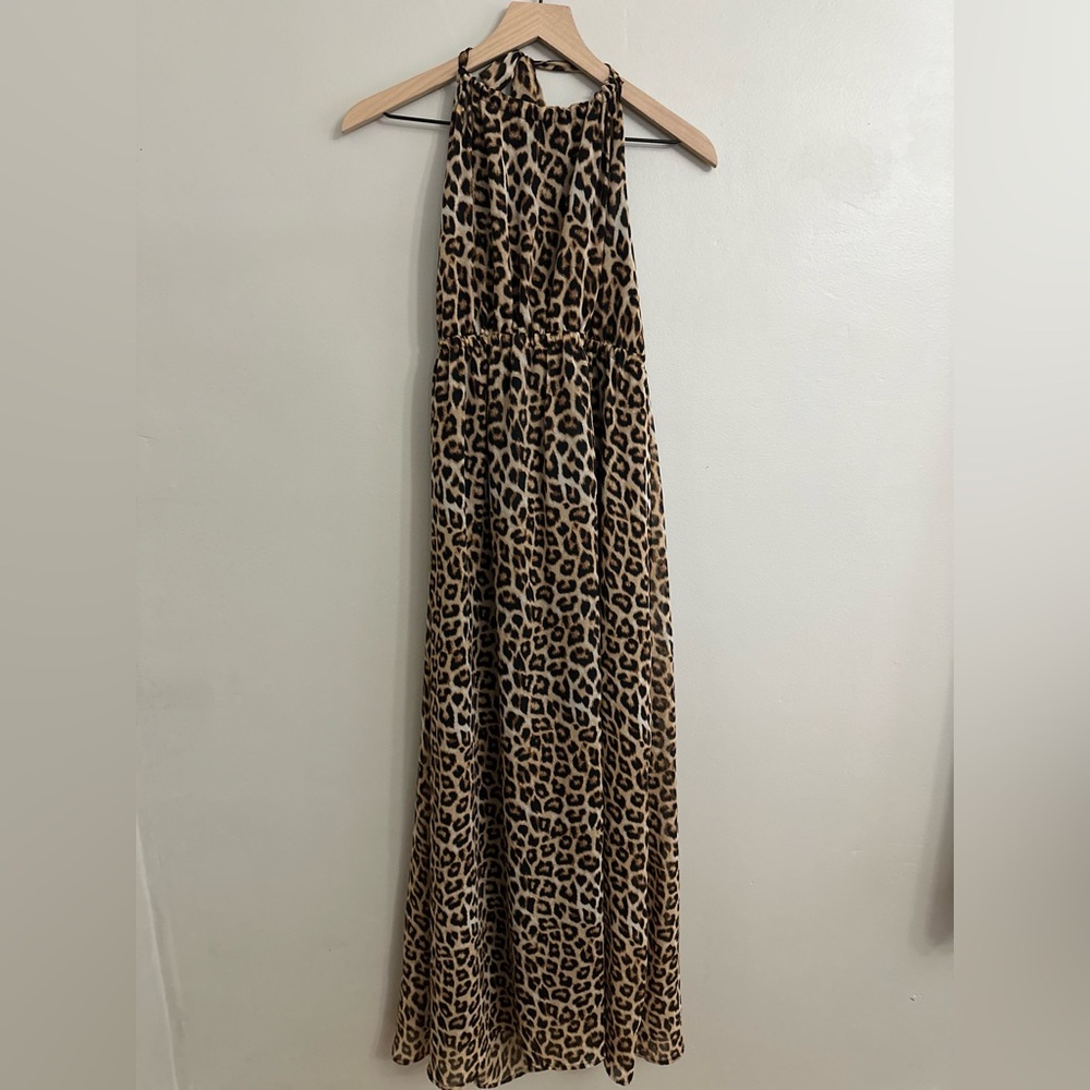 Forever 21 Leopard Print Halter Maxi Dress, M